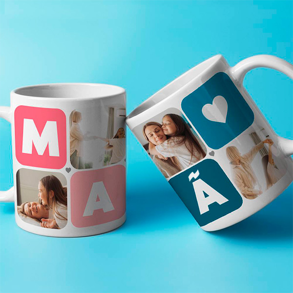 Caneca Mamã Cubos Coração com Cinco Fotos personalizada