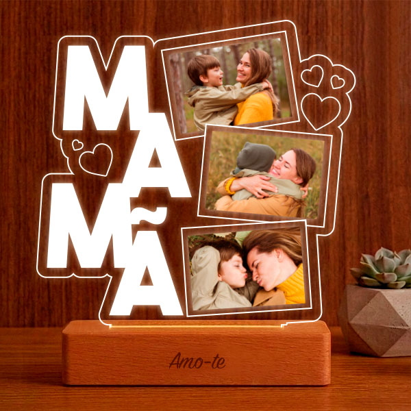 Lâmpada para a Mãe com Corações e Três Fotografias personalizadas