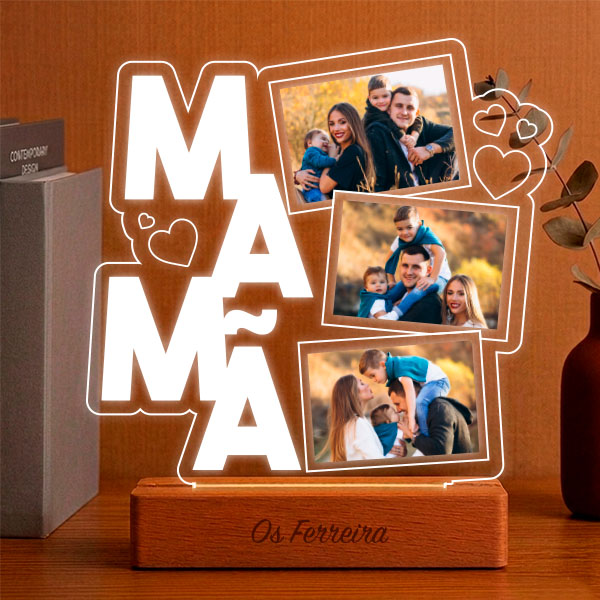 Lâmpada para a Mãe com Corações e Três Fotografias personalizadas
