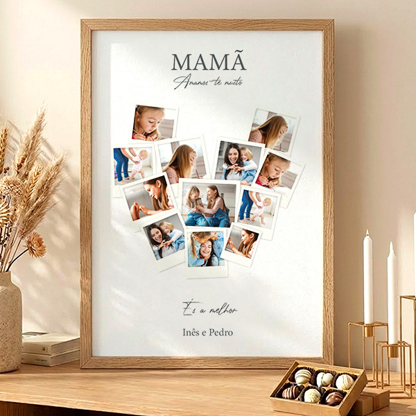 Póster para a Mãe em Forma de Coração com Fotografias Polaroid personalizadas