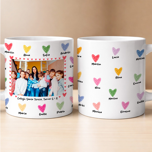 Caneca para Professores com Corações e Foto personalizada