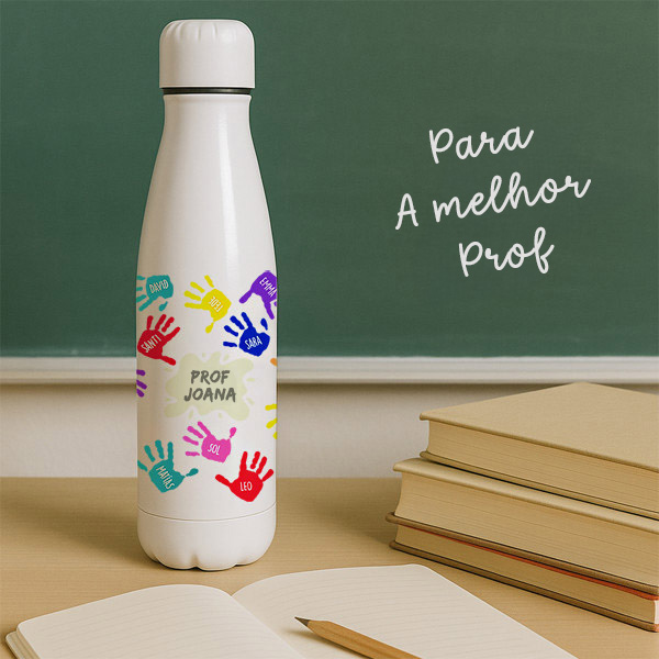 Garrafa Mãos Coloridas com Nomes e Texto personalizada