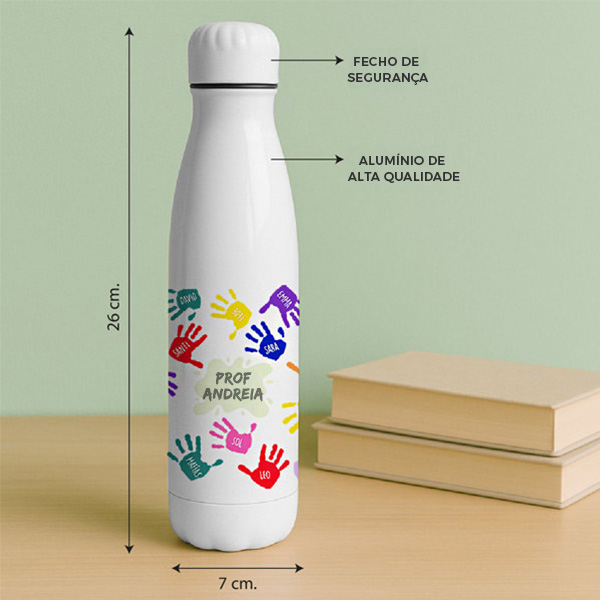Garrafa Mãos Coloridas com Nomes e Texto personalizada