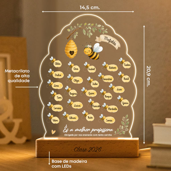 Candeeiro para Professora com Abelhinhas e Nomes personalizados