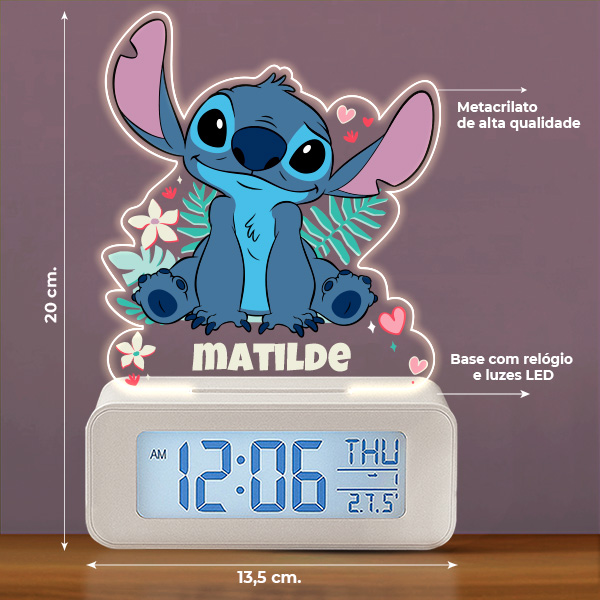 Relógio Despertador Stitch com Luz e Nome Personalizado