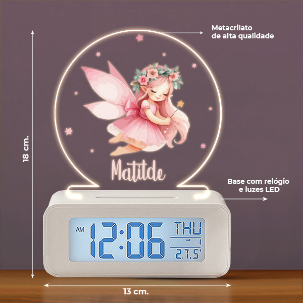 Relógio Despertador Fada com Luz e Nome Personalizado