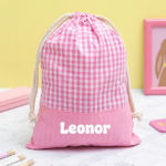 Saco de Lanche Infantil Xadrez Rosa Personalizado Miniatura de Saco de Lanche Infantil Xadrez Rosa Personalizado