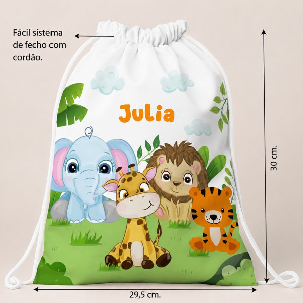 Mochila-Saco Infantil Animais da Selva personalizada