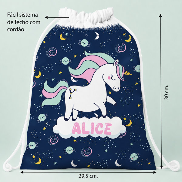 Mochila-Saco Infantil Unicórnios Coloridos personalizada