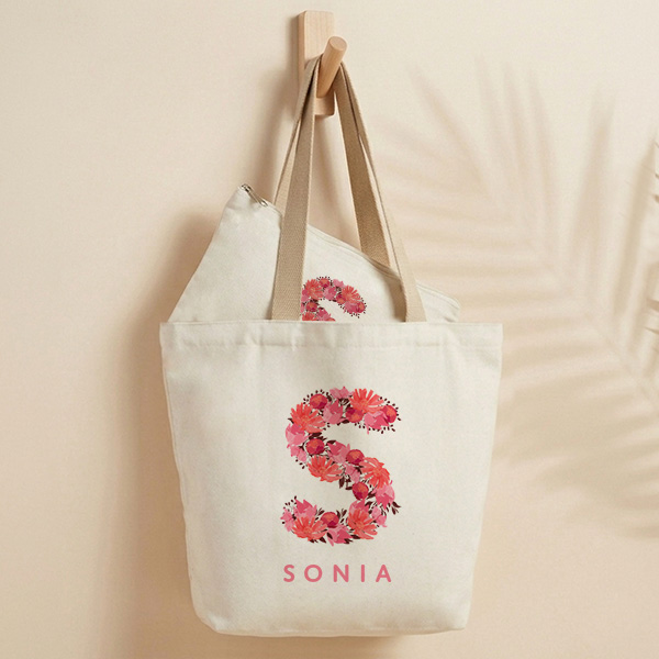 Tote Bag Inicial de Flores com Nome Personalizado