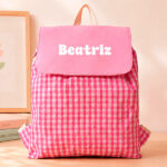 Mochila Saco Infantil Xadrez Rosa Personalizada Miniatura de Mochila Saco Infantil Xadrez Rosa Personalizada