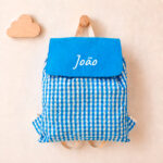 Miniatura de Mochila Saco Infantil Xadrez Azul Personalizada