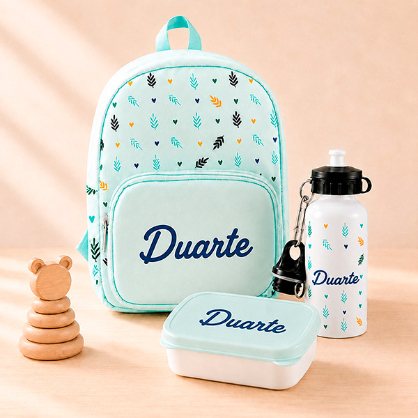 Pack Escolar Infantil Verde com Folhas e Nome personalizado