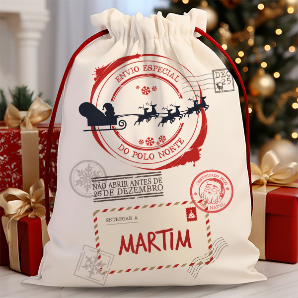 Saco de Natal Trenó com Nome personalizado